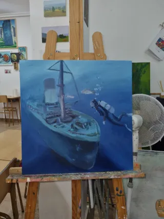 Cuadro arte buceo barco hundido
