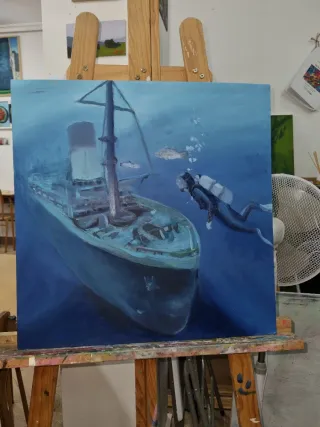 Cuadro arte buceo barco hundido