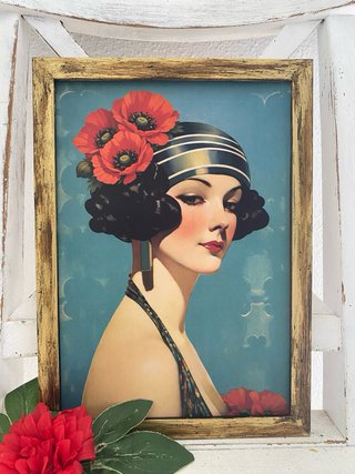 Cuadro dorado mujer con amapolas Art Déco