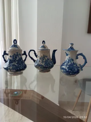 Juego de Cafetera o tetera, de porcelana azul y be