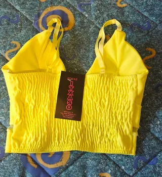 Top Crop Amarillo Neón con Gasa y Nido de abeja