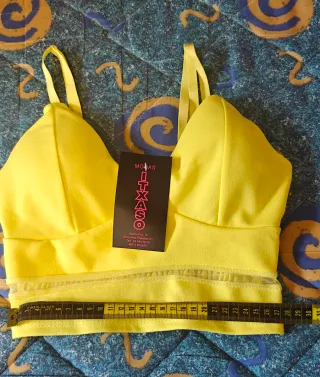 Top Crop Amarillo Neón con Gasa y Nido de abeja