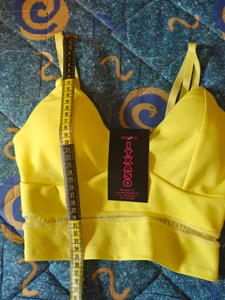 Top Crop Amarillo Neón con Gasa y Nido de abeja