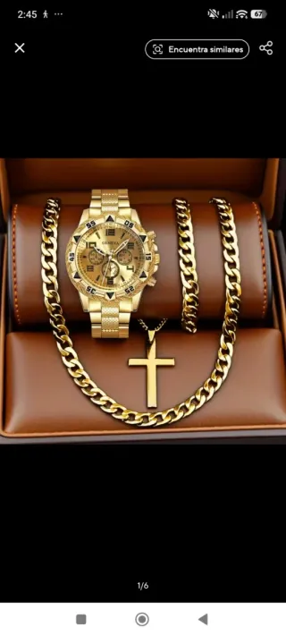 Reloj Geneva Dorado con Cadena y Cruz + pulcera