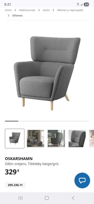 Sillón orejero Ikea gris tela