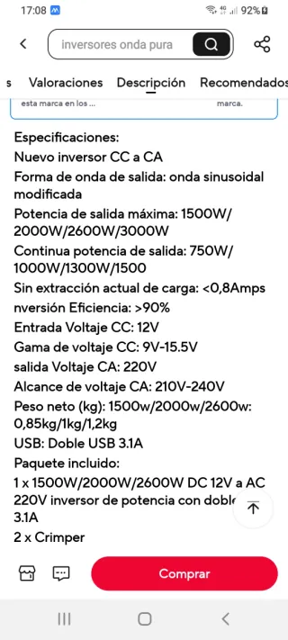Inversor Foval 2600W DC 12V a AC 230V
