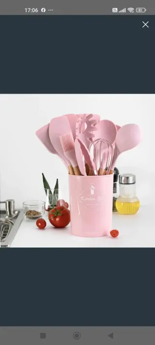 Set Mestoli Cucina Silicone Rosa e Legno