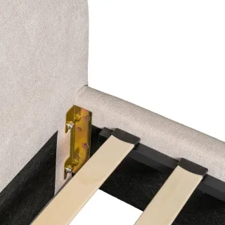 Cama tapizada beige/gris con base de láminas