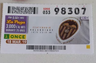 Cupon ONCE Valencia CF Centenario 1919-2019