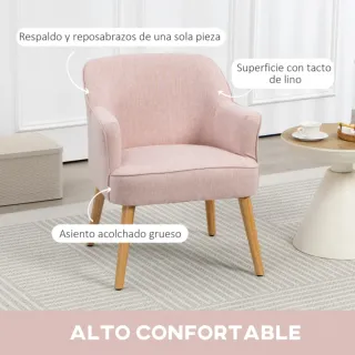Butaca rosa de tela con patas de madera