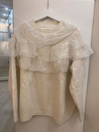Jersey Zara Blanco Volante Tul Lentejuelas