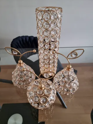 Juego Adornos Decorativos Cristal y Metal Dorado