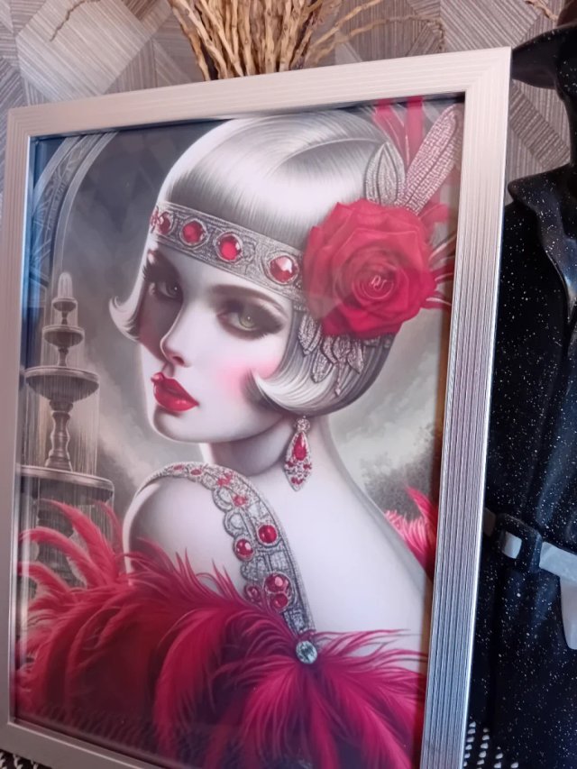 Cuadro Mujer Art Deco Rojo y Plumas