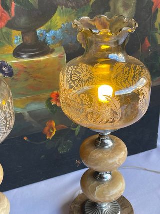 Pareja Lámparas Vintage Cristal Grabado y Mármol