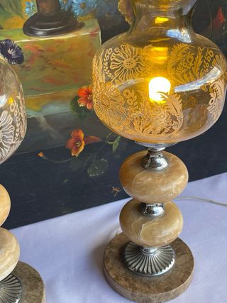 Pareja Lámparas Vintage Cristal Grabado y Mármol