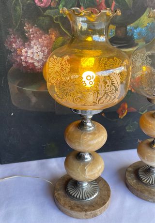 Pareja Lámparas Vintage Cristal Grabado y Mármol