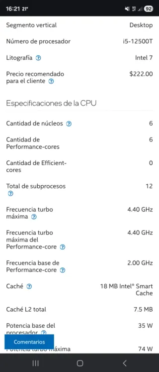 CPU Intel i5-12500T LGA 1700