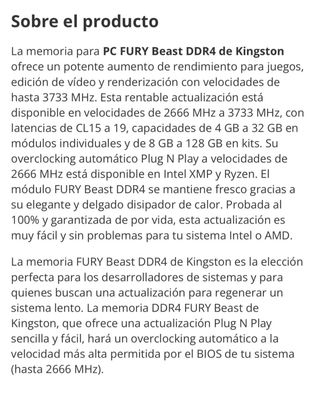Memoria RAM Kingston FURY Beast DDR4 32GB (2x16GB)
