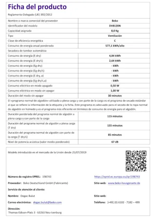 Secadora de evacuación Beko 8kg de capacidad