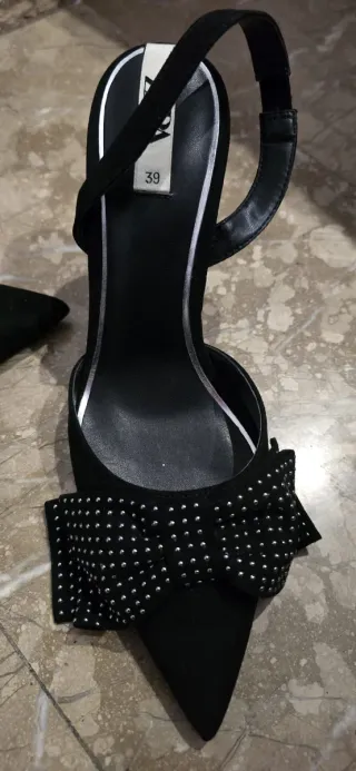 Zapatos Zara tacón lazo pedrería negro 39