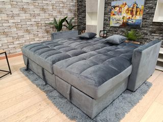 Sofá cama gris con arcón