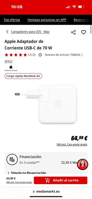 Cargador Apple MagSafe USB-C con Adaptador 70W