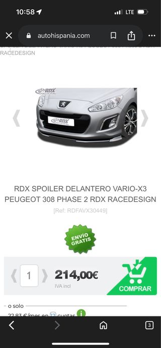 RDX Spoiler Delantero Peugeot 308 Phase 2