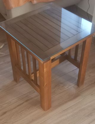 Mesa auxiliar madera teca y cristal