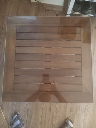 Mesa auxiliar madera teca y cristal