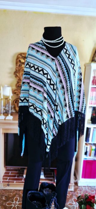 Poncho étnico flecos bicolor