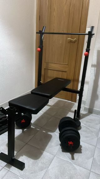 Banco Gimnasio + Mancuernas 30kg