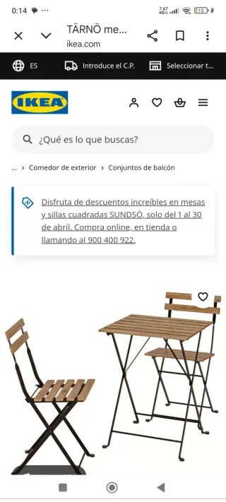 Mesa y 2 Sillas Balcón IKEA