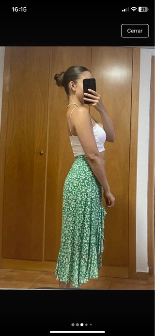 Falda midi flores verde y blanco