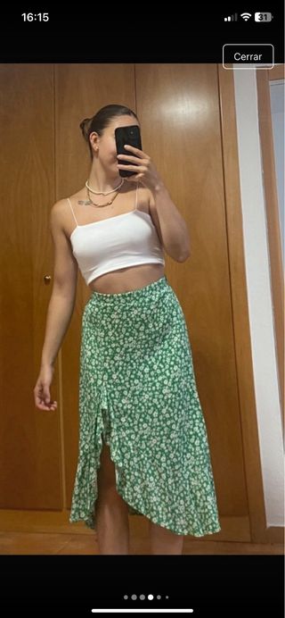 Falda midi flores verde y blanco