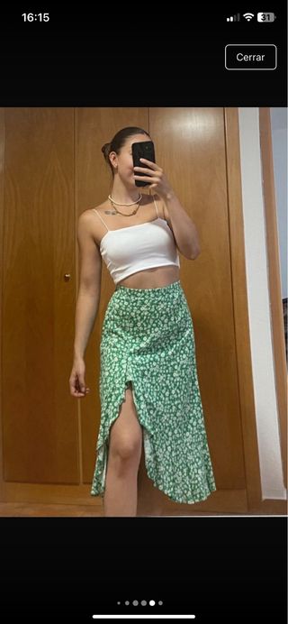 Falda midi flores verde y blanco