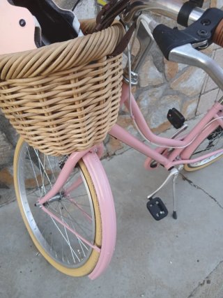 Bicicleta rosa con cesta y sillín marrón
