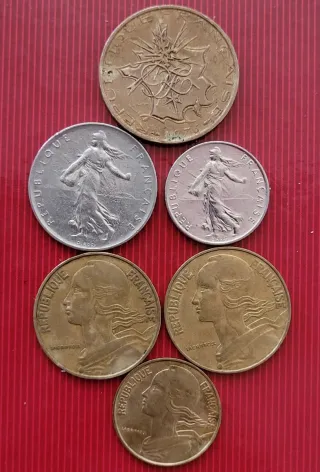 Lote monedas Francia: 10, 1, 1/2, 0,2, 0,1 Francos