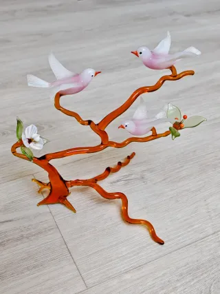Statuetta albero con 3 colombe rosa vetro Murano