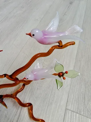 Statuetta albero con 3 colombe rosa vetro Murano