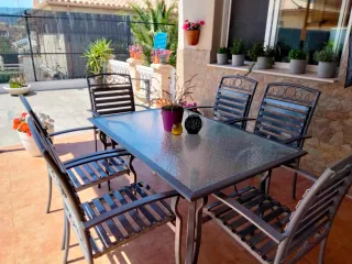 Mesa y 6 Sillas Exterior Cristal y Metal