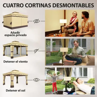 Cenador Jardín 3.7x3m Doble Techo Cortinas