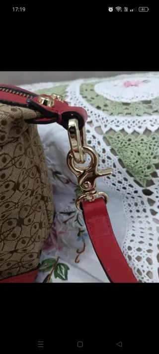 Borsa Coccinelle tessuto e pelle beige/rossa