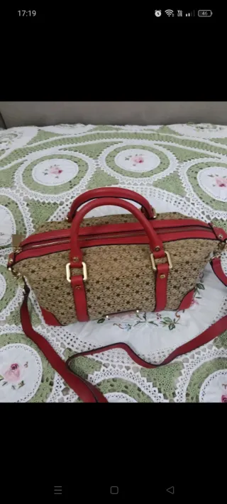 Borsa Coccinelle tessuto e pelle beige/rossa