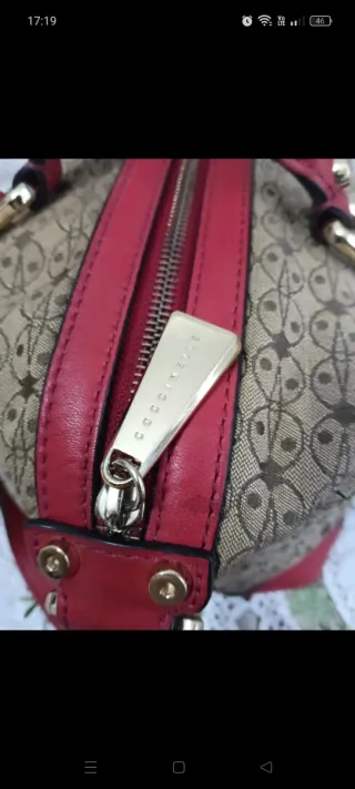 Borsa Coccinelle tessuto e pelle beige/rossa