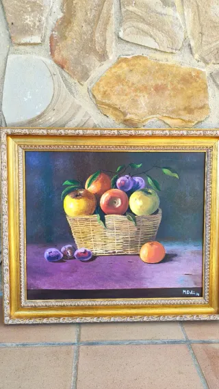 Cuadro Pintura Frutas Cesta Madera Dorada