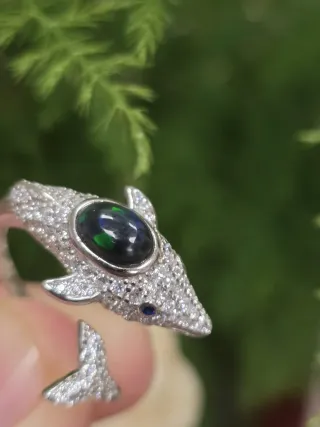 Anillo Plata 925 Delfín Ópalo Negro Ajustable