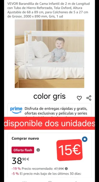 Barrera Cama Infantil VEVOR 2m Gris