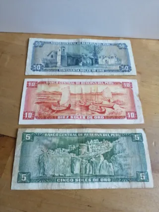 Lote 3 Billetes Antiguos Perú 50, 10, 5 Soles