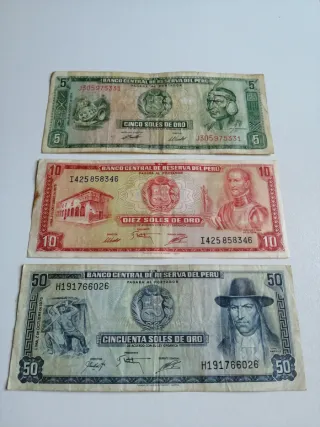Lote 3 Billetes Antiguos Perú 50, 10, 5 Soles