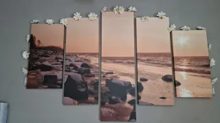 Cuadro tríptico paisaje playa atardecer